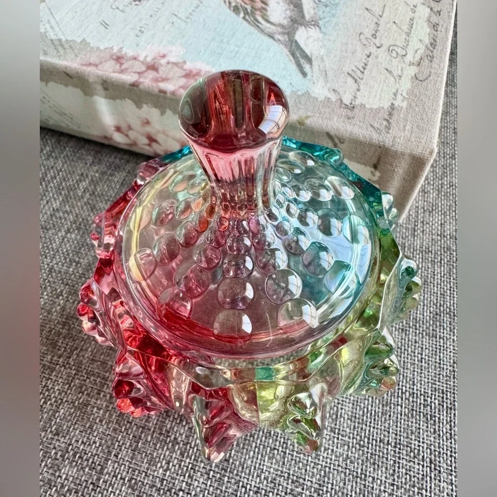 New Rainbow Fluted Knobby Glass Jewelry, Trinket, Candy Dish Decor w/ Lid - 4.5”